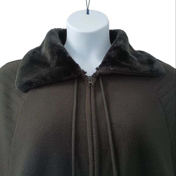 Black Le Moda Poncho Cape Coat with Faux Fur Collar and Pom Pom Ties Full Zip - Picture 3 of 7